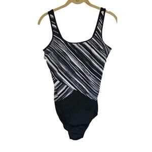 Lands End Womens One Piece Swimsuit Black Striped Stretch Size 10